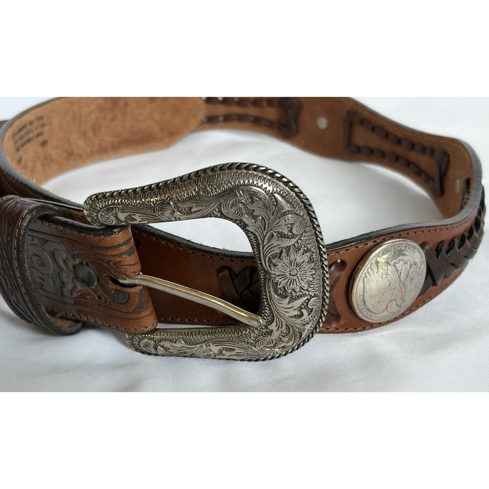 Justin Woven Leather Cowboy Belt Silver Dollar Vintage 32" Brown
